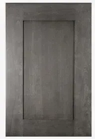 A close up of a gray wooden cabinet door on a white background.