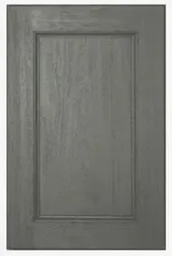 A close up of a gray cabinet door on a white background.