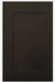 A close up of a black cabinet door on a white background.