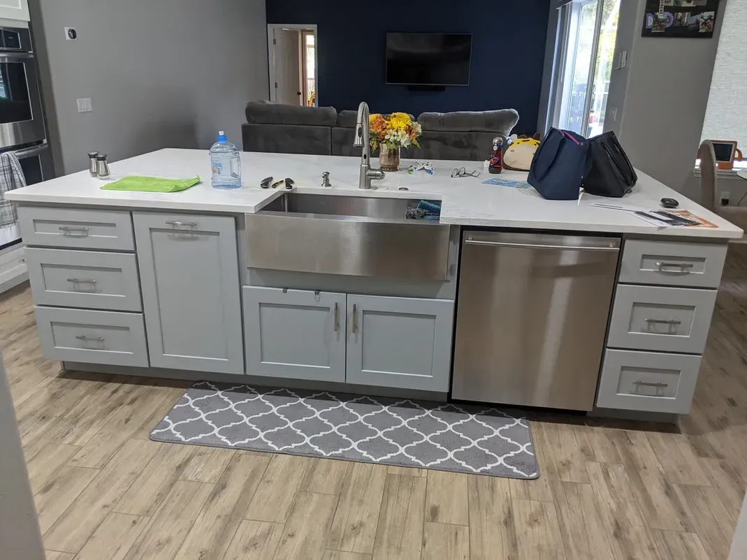 A kitchen with a stainless steel sink and a stainless steel dishwasher.