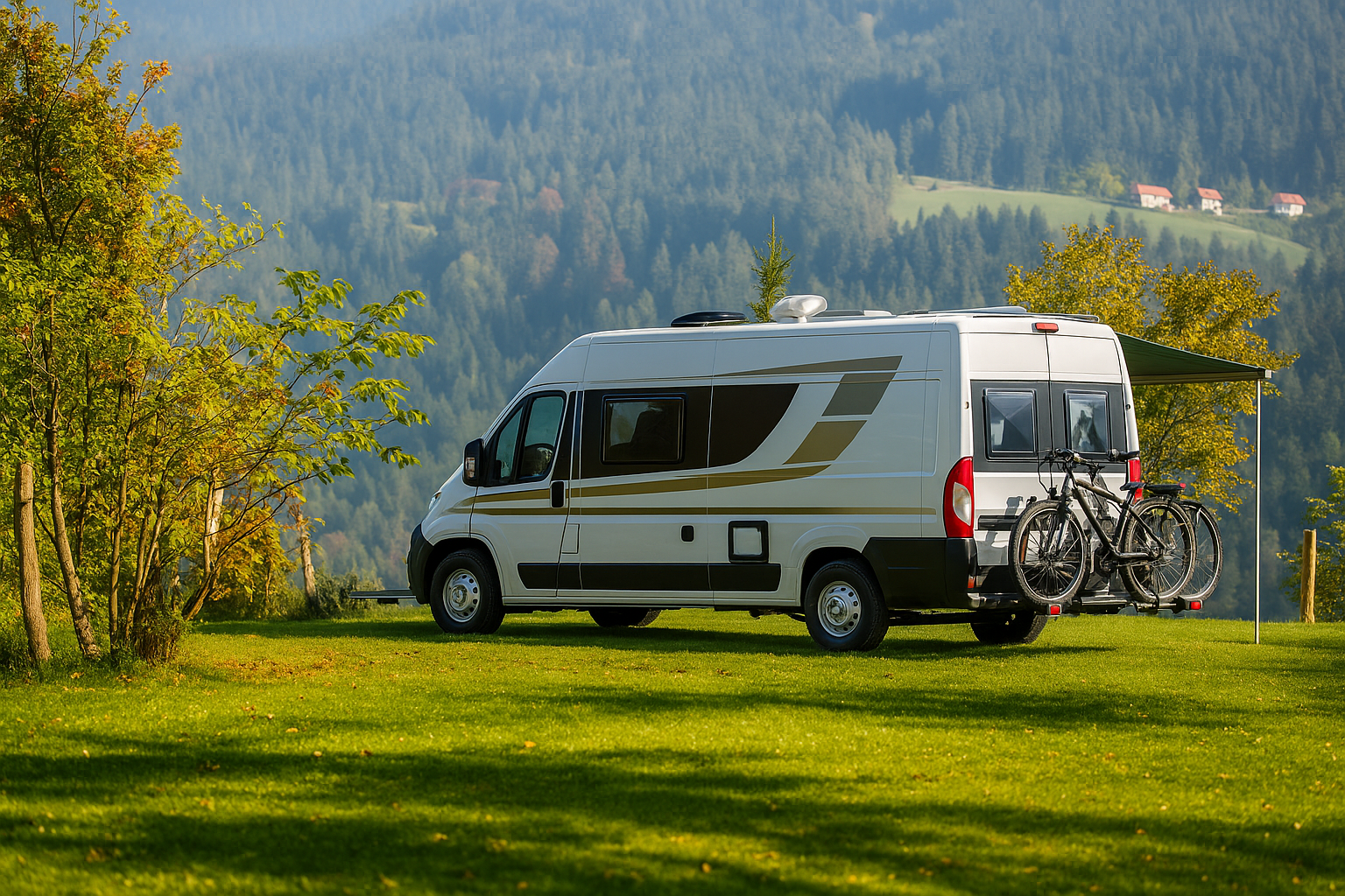 A Caravan is Parked in a Grassy Field With Bikes on the Back — Pialba Brake Clutch & Steering in Pialba, QLD