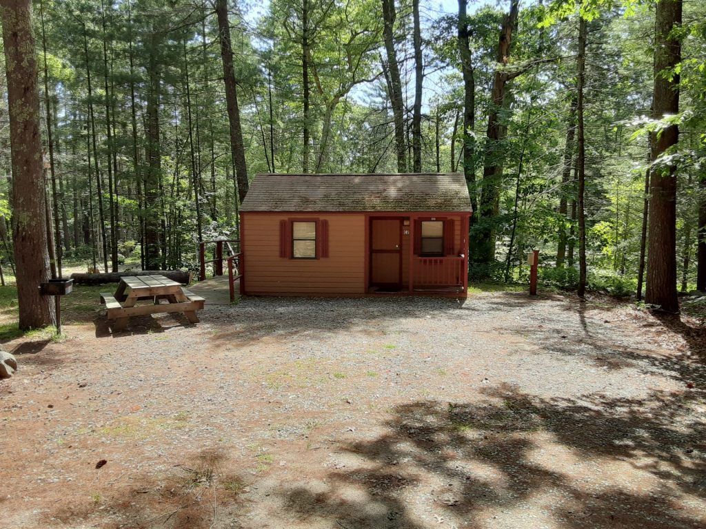 A small cabin in the middle of a forest with a picnic table.