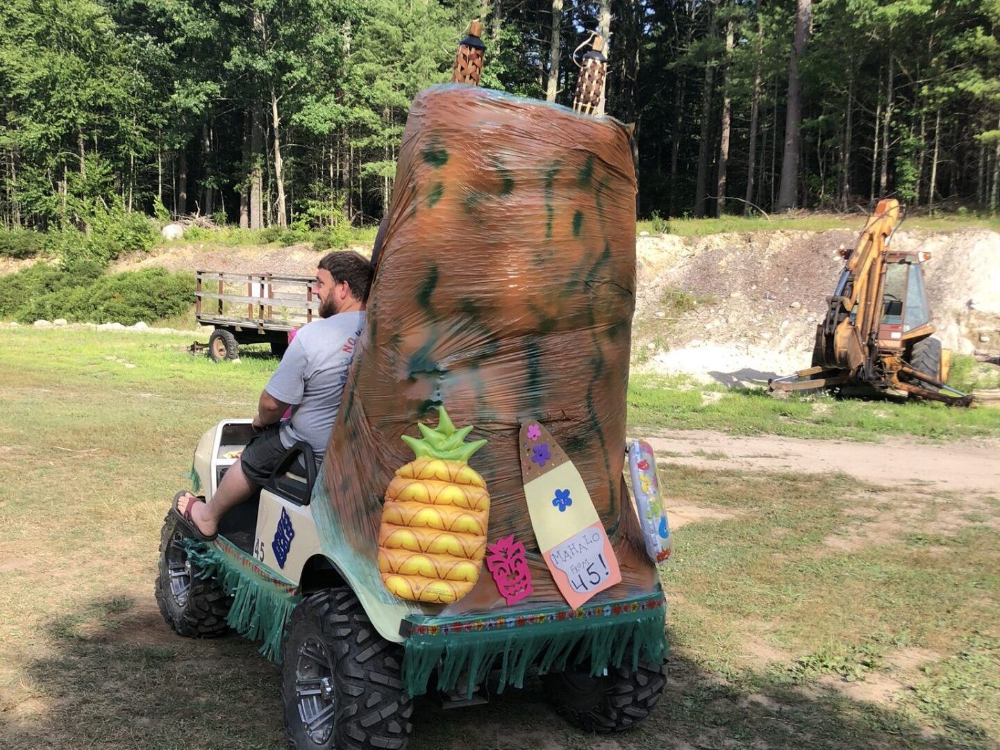 A man is sitting in a golf cart decorated to look like a tiki.