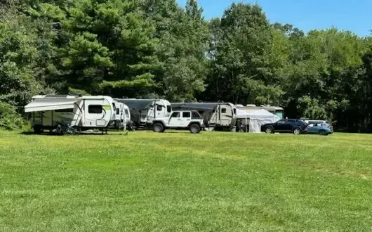 A row of rvs are parked in a grassy field.