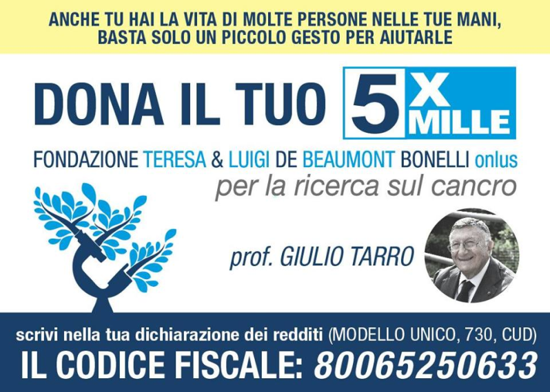 Pubblicità per la ricerca sul cancro. Il testo incoraggia donazioni del 5 per mille, fornendo il codice fiscale. Include una foto di Giulio Tarro.