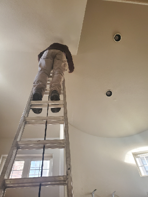 A man is standing on a ladder looking up at the ceiling.