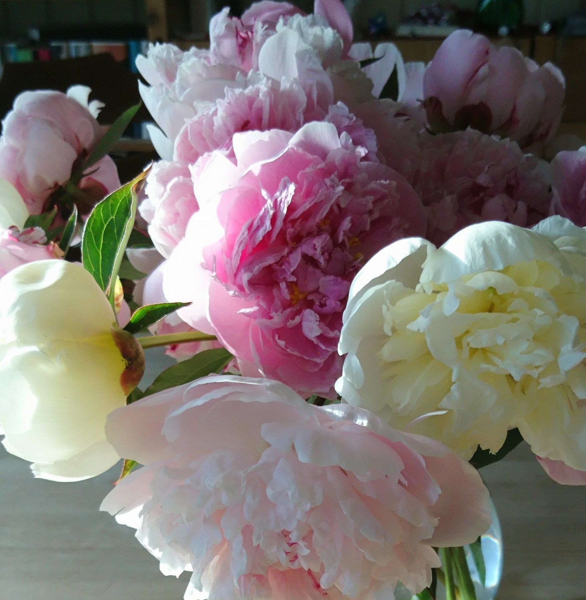a vase filled with pink and white flowers on a table