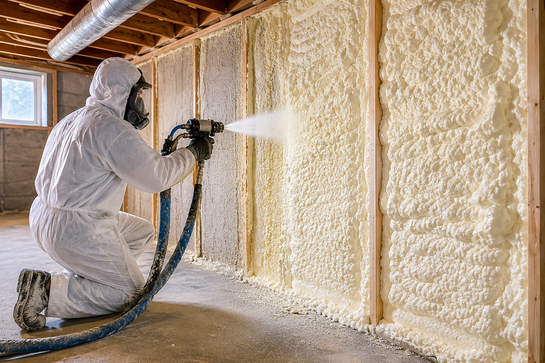 Spray Foam Operator Installing Spray Foam Insulation onto strapped basement walls