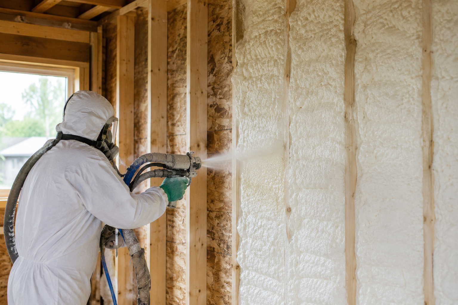 Man spraying foam insulation into the cavity of studs.