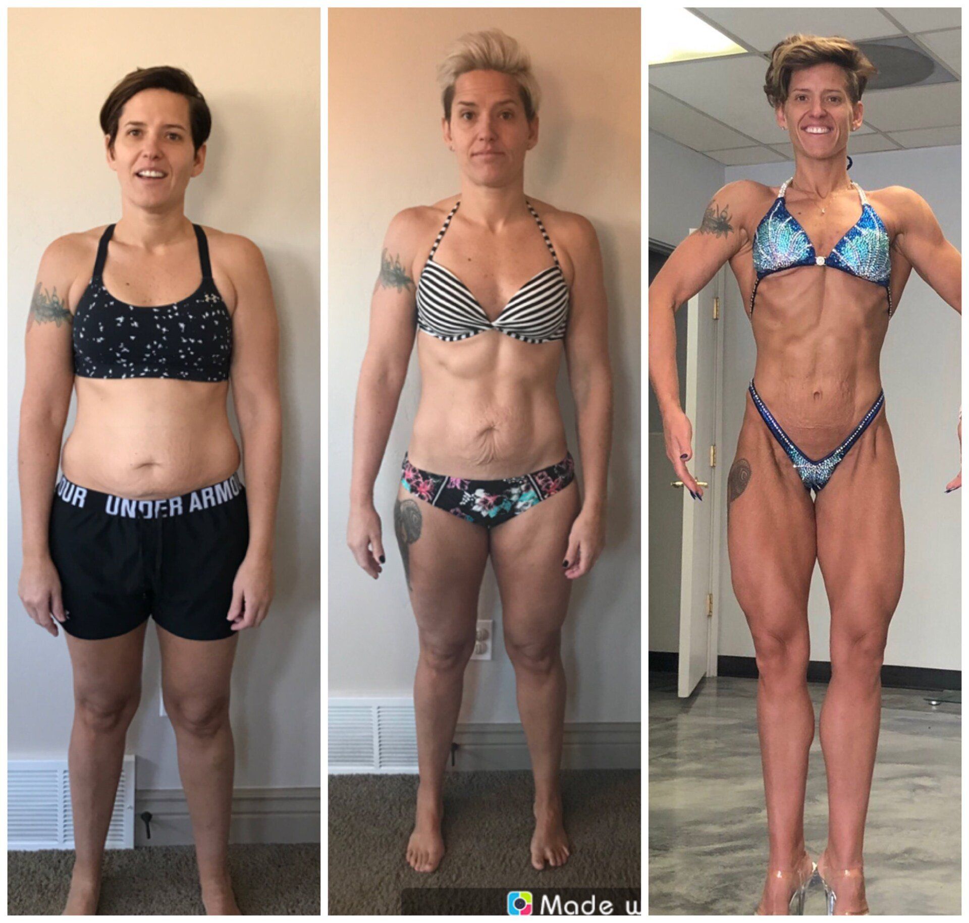 A woman in under armour shorts is standing next to a woman in a bikini