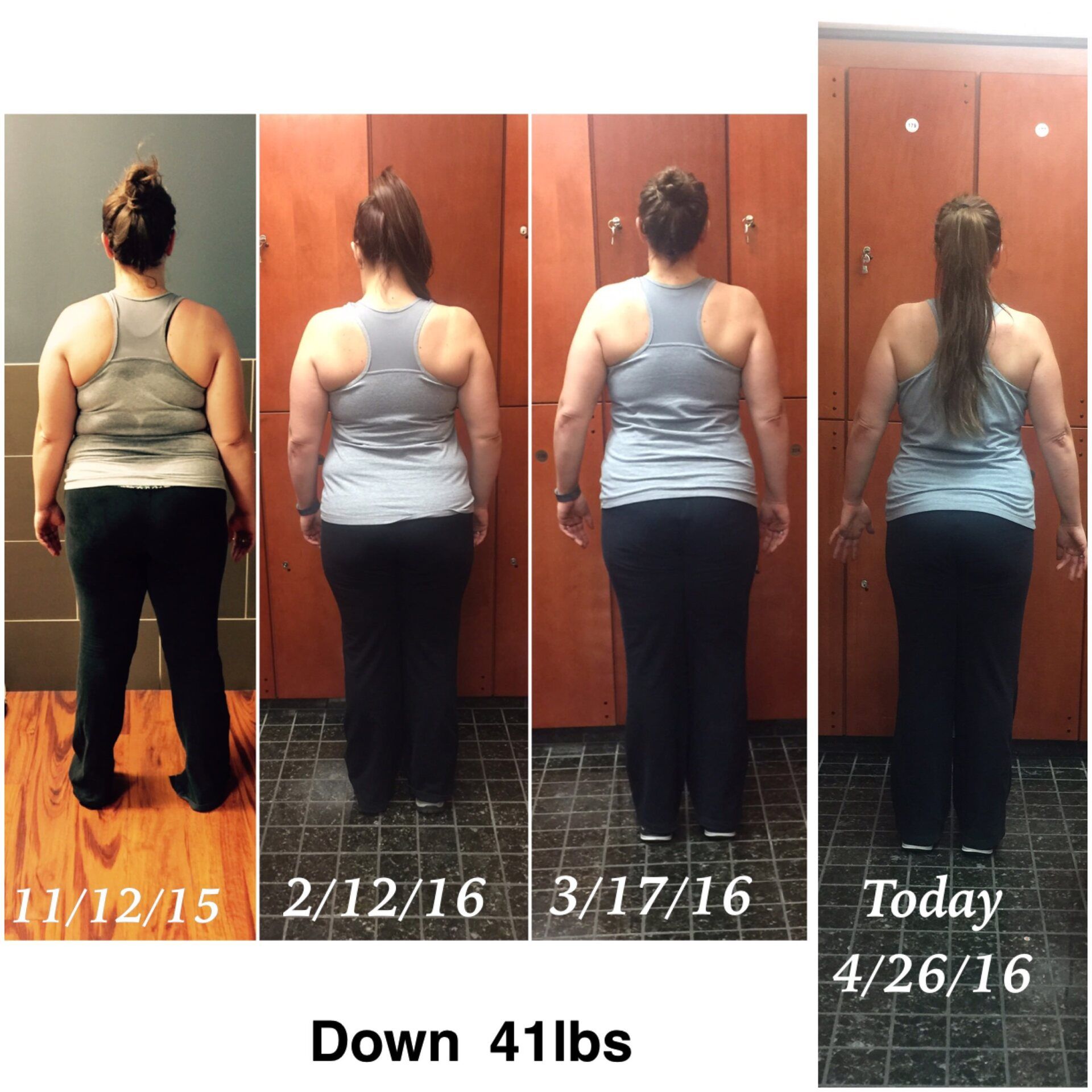 A woman has lost 41 lbs and is standing in front of lockers