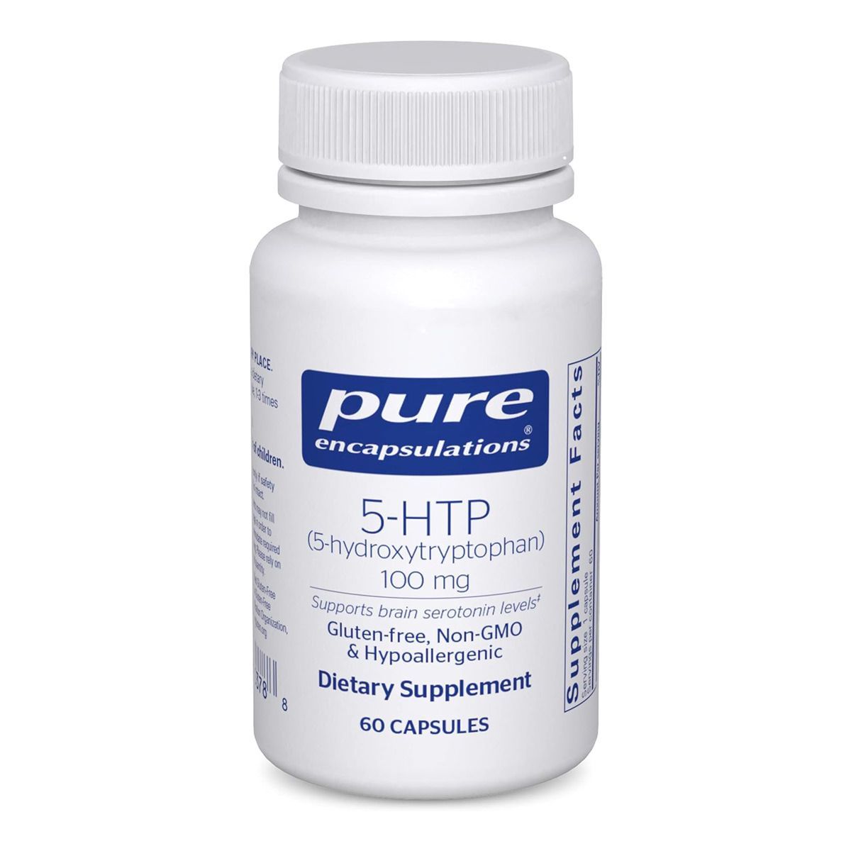 A bottle of pure 5 htp dietary supplement