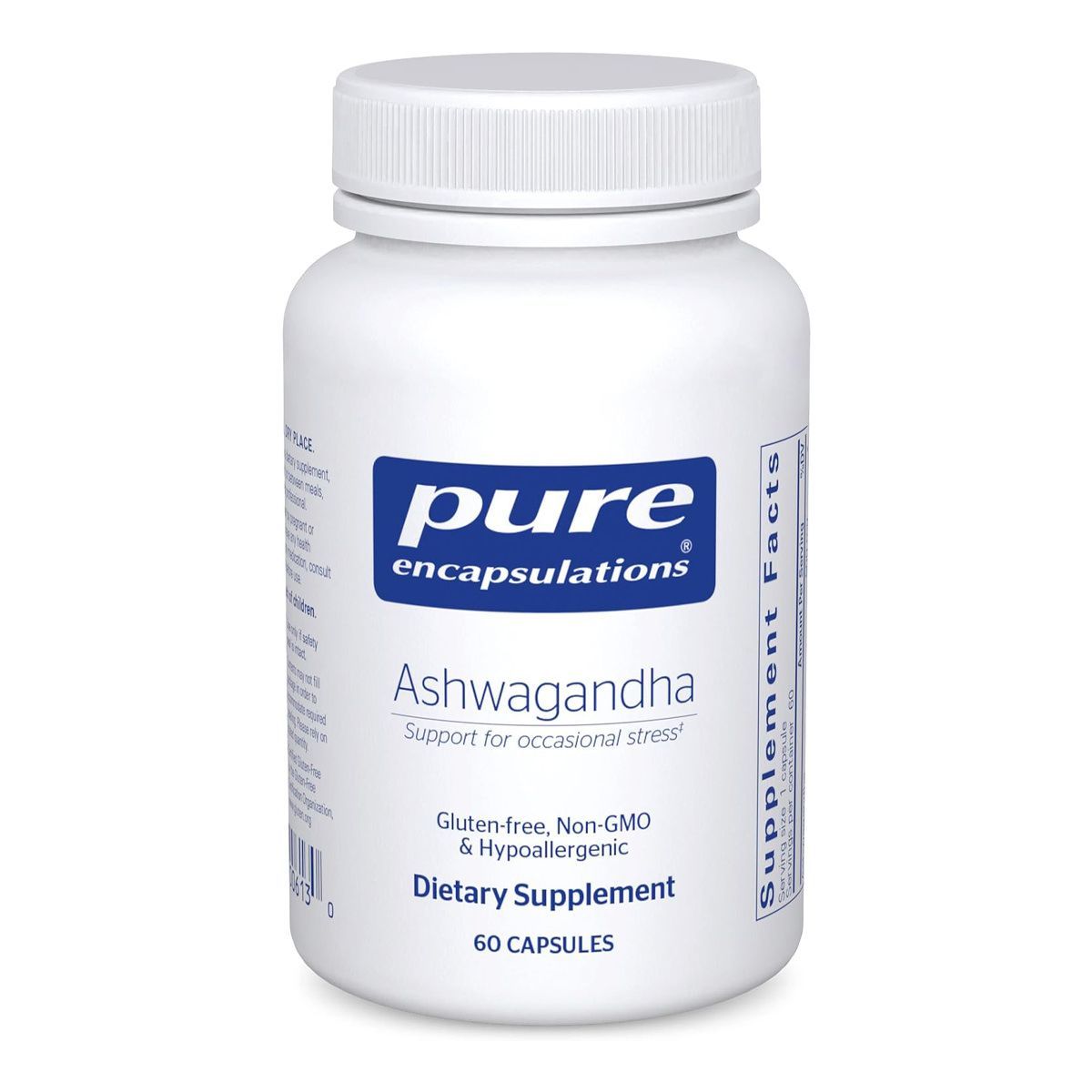 A bottle of pure encapsulations ashwagandha dietary supplement