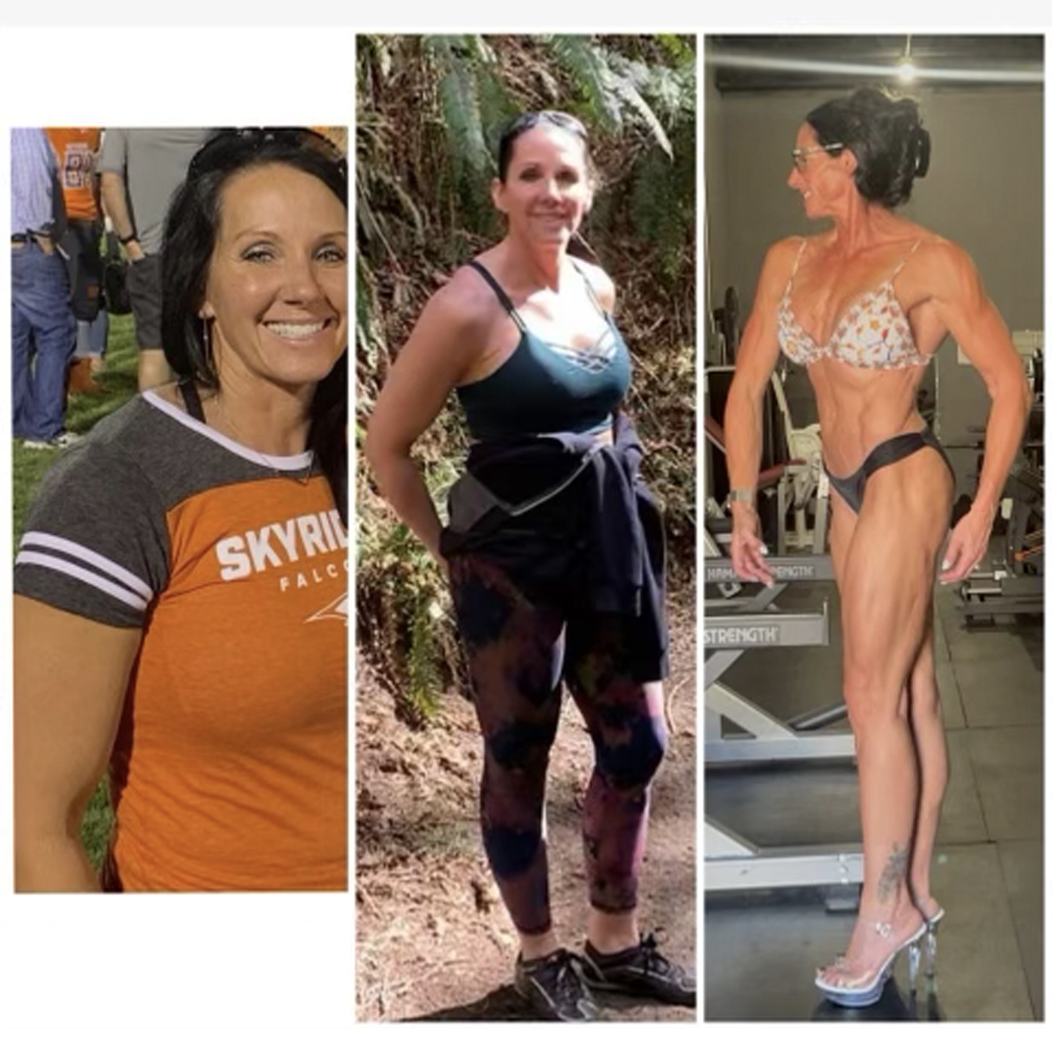 A woman in an orange shirt that says skyrim on it