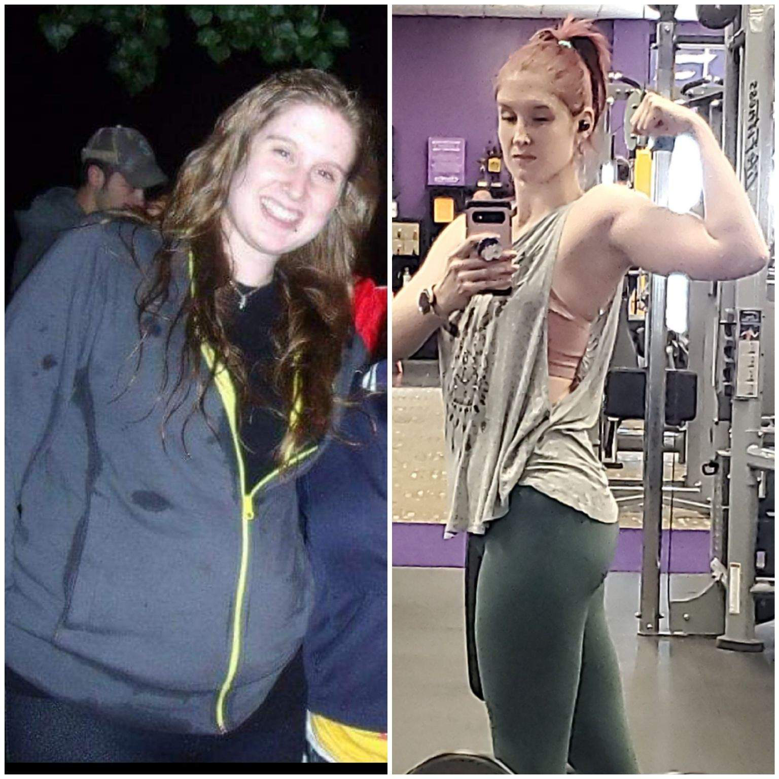 A before and after photo of a woman in a gym