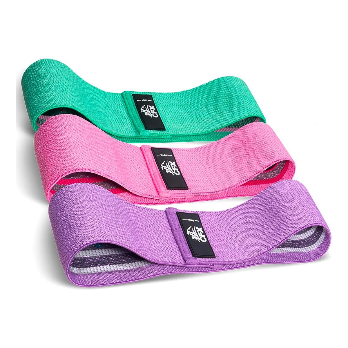 Three resistance bands are stacked on top of each other on a white background.