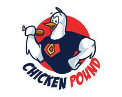 The logo for chicken pound shows a chicken holding a chicken leg.