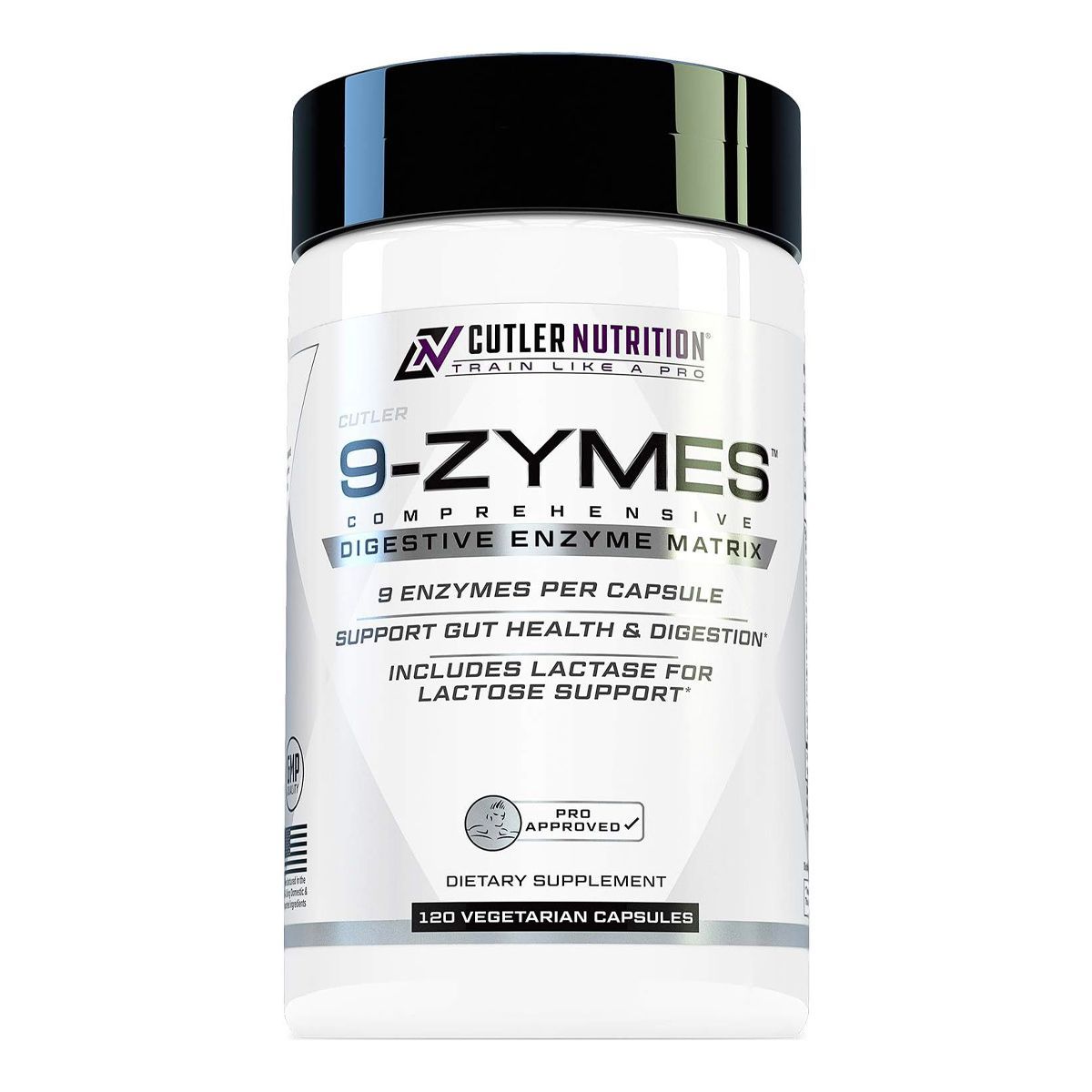A bottle of cutler nutrition 9-zymes digestive enzyme matrix contains lactase for lactose support.