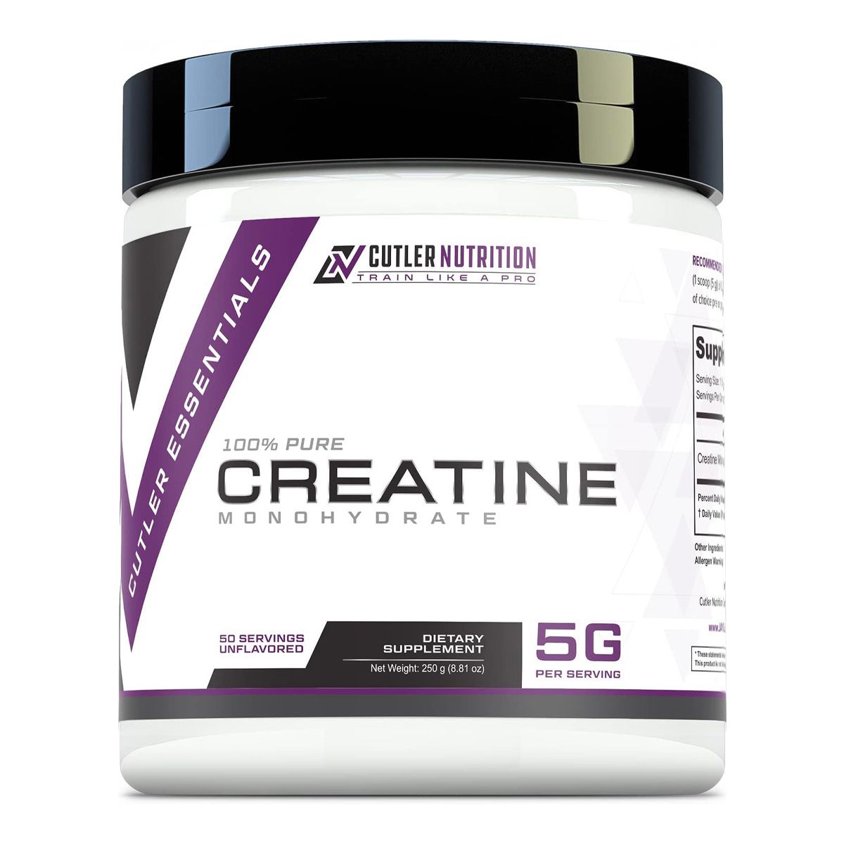 A jar of cutler nutrition pure creatine monohydrate with 5g per serving