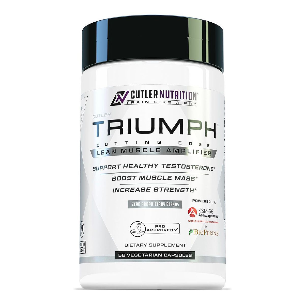 A bottle of cutler nutrition triumph is sitting on a white surface.