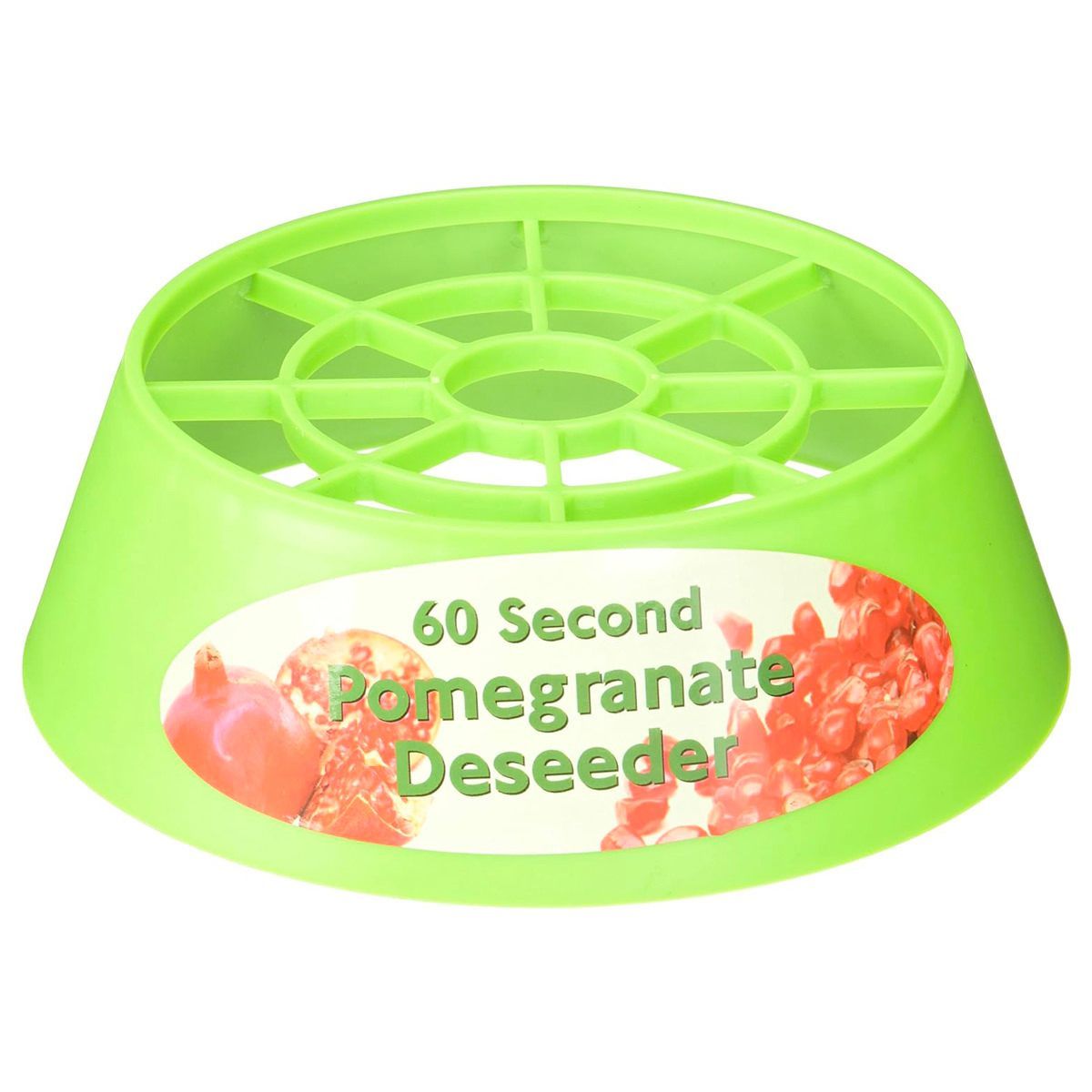 A green bowl that says 60 second pomegranate deseeder