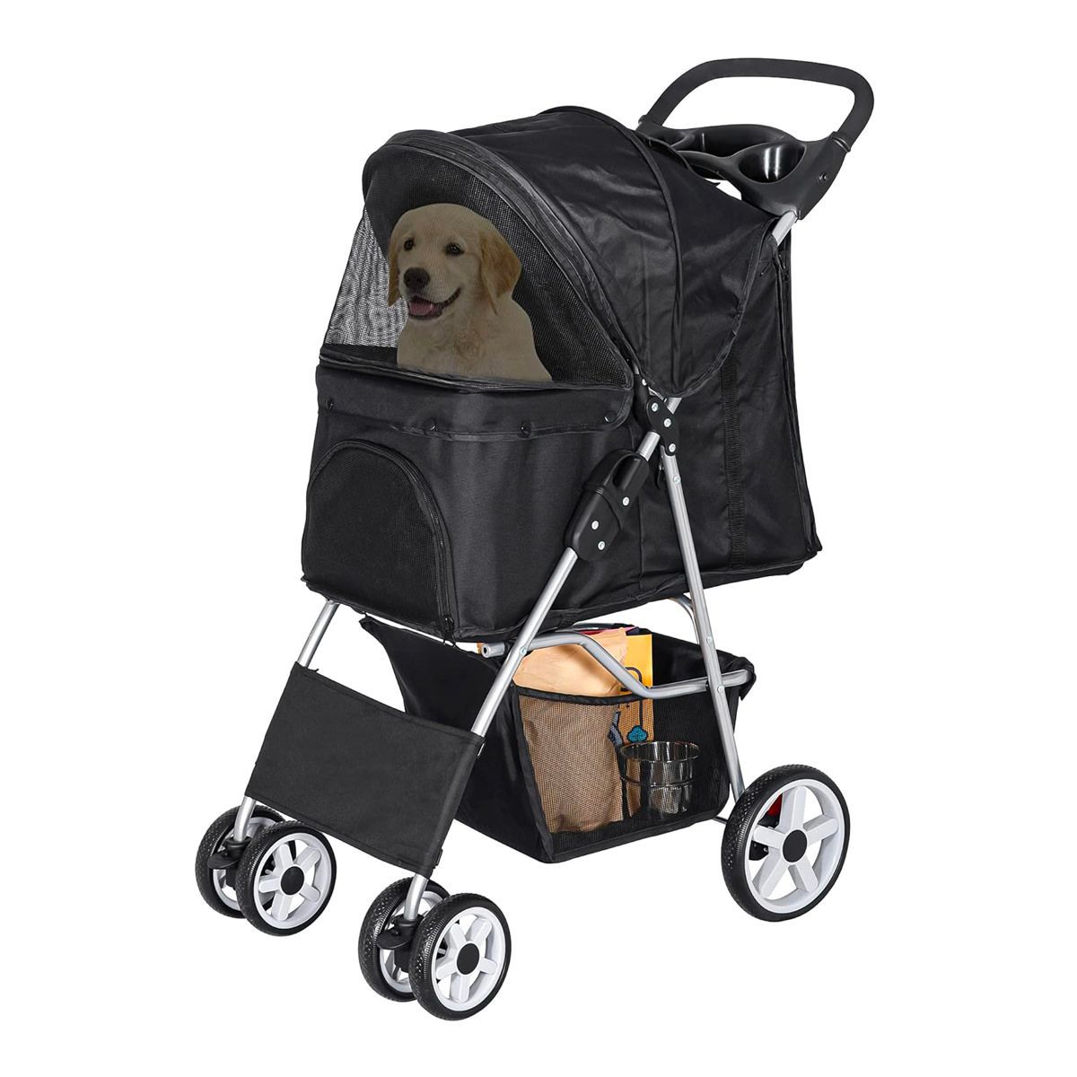 A dog is sitting in a black stroller.