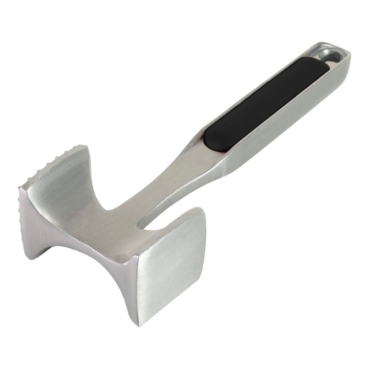 A stainless steel meat hammer with a black handle