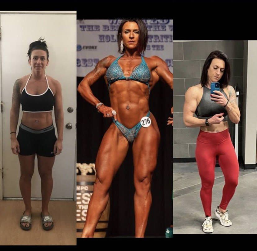 A woman in a bikini has the number 176 on her chest