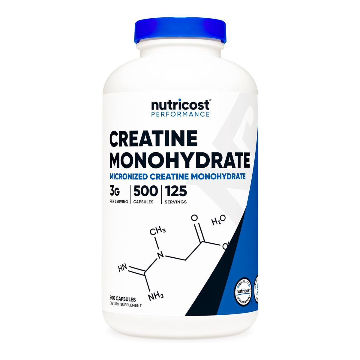 A bottle of creatine monohydrate with a blue cap on a white background.