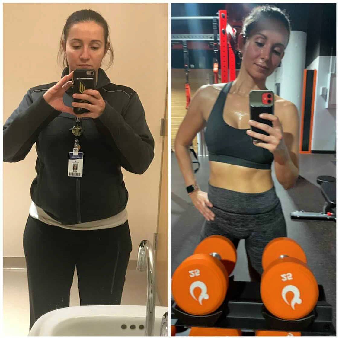 A before and after photo of a woman taking a selfie