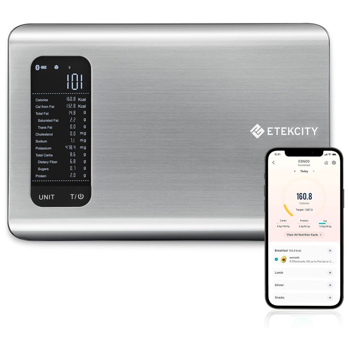 A stainless steel scale with a smart phone next to it.
