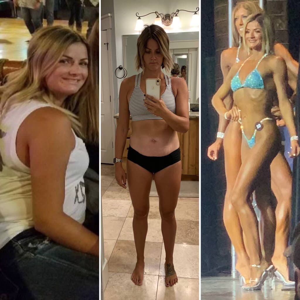A collage of three photos of a woman in a bikini