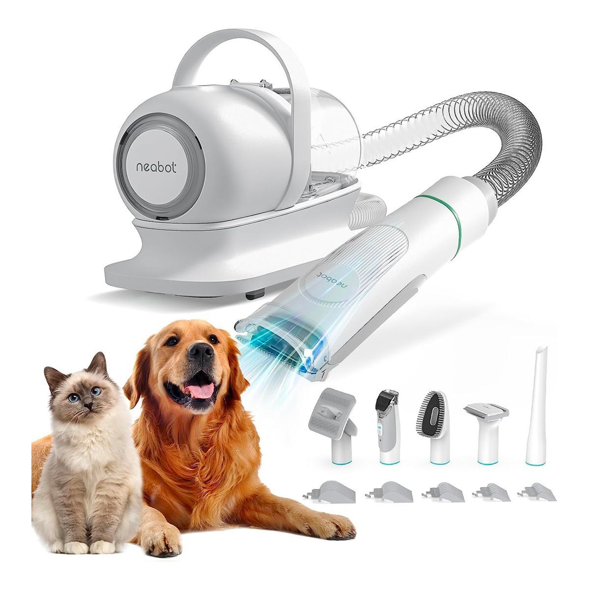 A dog and a cat are sitting next to a vacuum cleaner.