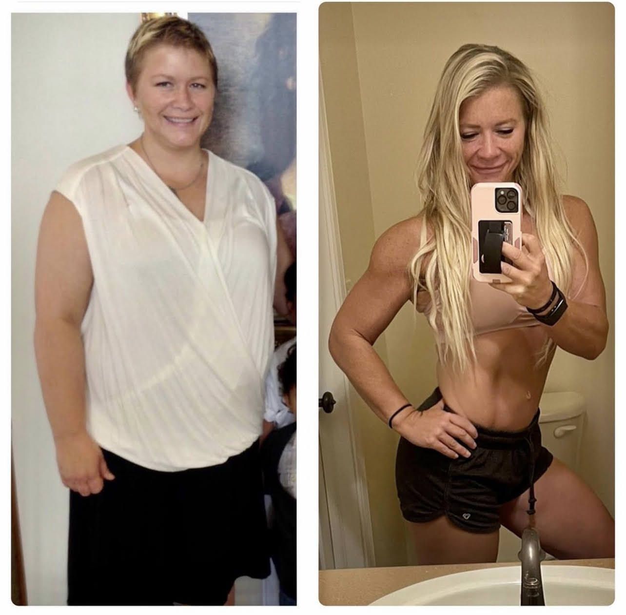 A before and after photo of a woman taking a selfie