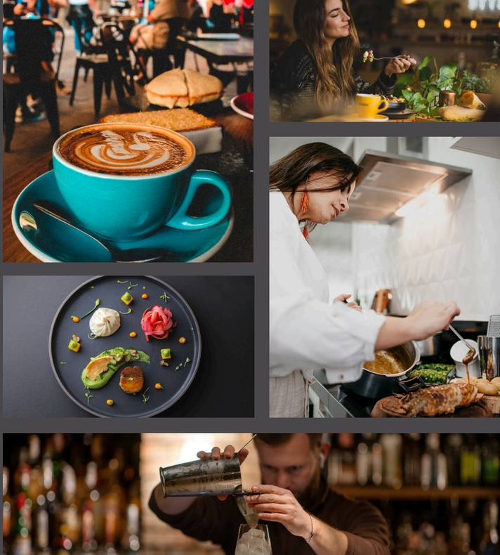 Collage of café and kitchen scenes with coffee, plated desserts, and a chef cooking behind a counter