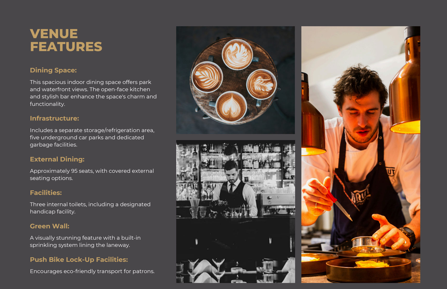 Venue features collage with coffee drinks, black-and-white bar scenes, and a bartender preparing a cocktail