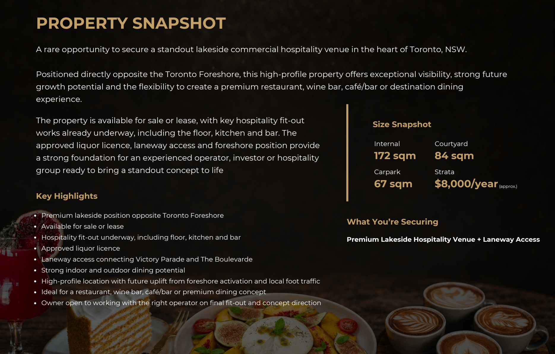 Dark property snapshot slide with white text and food photos along the bottom