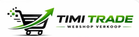 Het webshoplogo van Timi Trade met winkelwagen en groene pijl op een witte achtergrond.