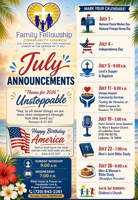 July announcements flyer for Family Fellowship Community Church with calendar events and patriotic red, white, and blue design