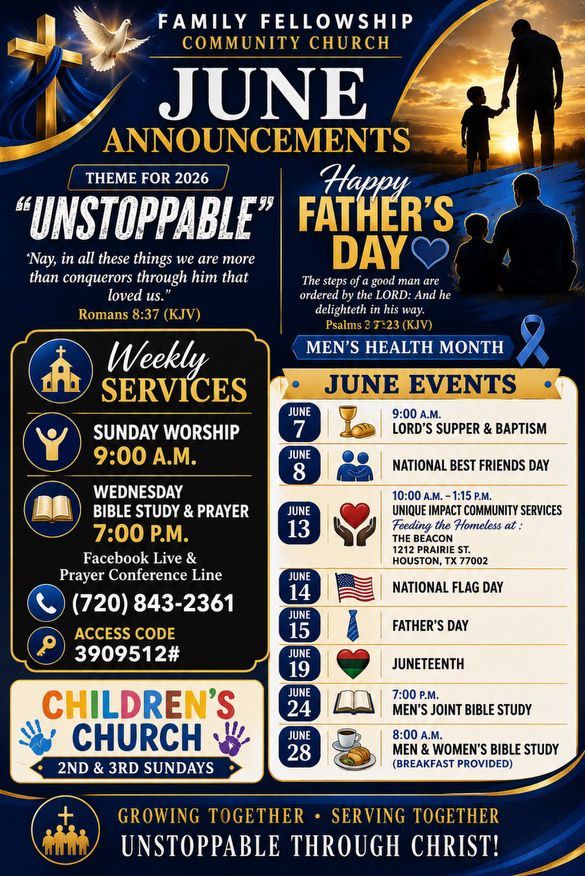 Family Fellowship Community Church June announcements poster with worship service times and event schedule