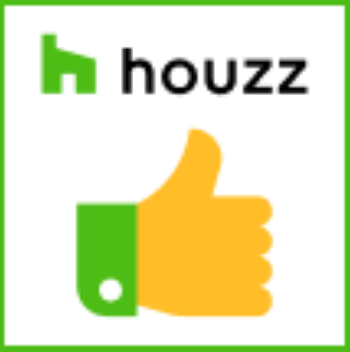 Houzz logo with a thumbs-up icon, both enclosed in a green square frame.