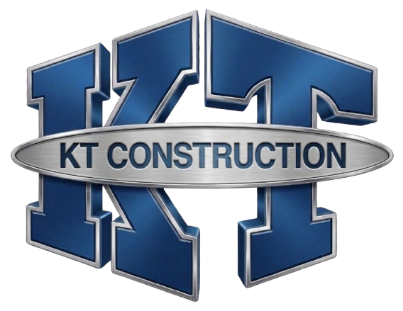 Logo for KT Construction, featuring a blue and gray design and text in a white gradient.