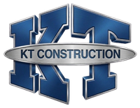 Logo for KT Construction, featuring a blue and gray design and text in a white gradient.
