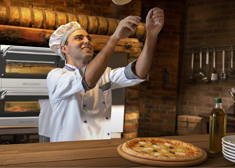 Pizza cuatro quesos recién horneada con queso gratinado y masa crujiente