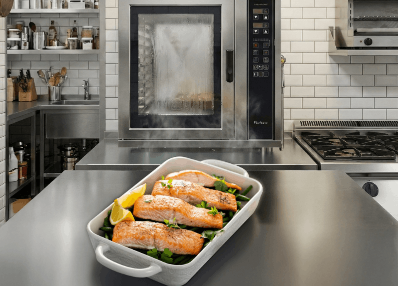 Salmón al horno con cocción uniforme, textura jugosa y vegetales frescos