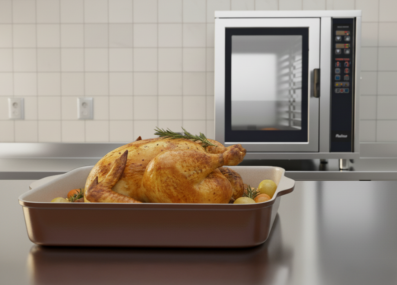 Preparación de pollo asado con cocción uniforme en horno combinado