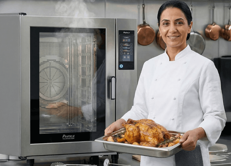 Pollo asado con cocción uniforme preparado en grandes volúmenes para cocina profesional