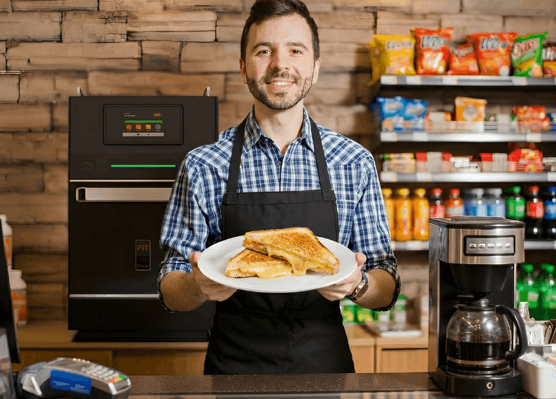 Empleado sosteniendo un plato junto a un horno ultrarrápido en una cafetería