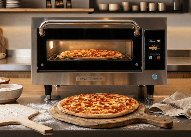 Pizza recién horneada en un horno para pizza con cocción uniforme y masa crujiente