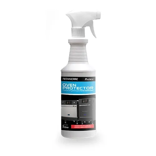 Una botella de spray con protector de horno sobre un fondo blanco.
